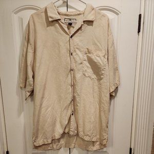 Tommy Bahama Silk Button Down Shirt Mens Large Beige Short Sleeve Simplistic